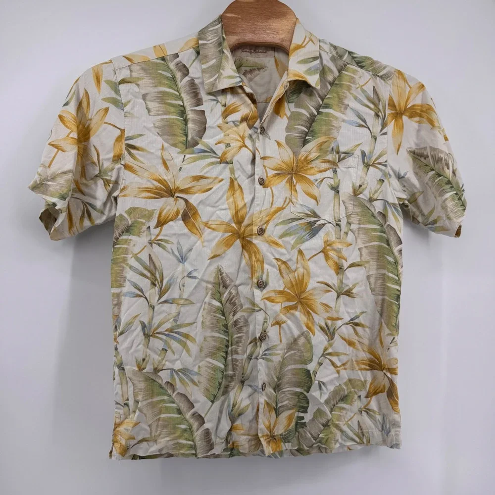 Tommy Bahama Button Up Shirt Mens Small Beige Silk Tropical Floral Palm Leaf - Picture 2 of 7